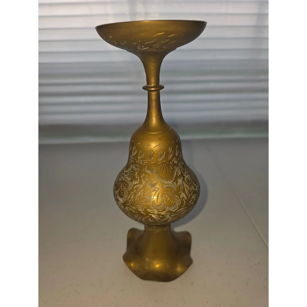 Vintage Etched Brass Vase Ruffled Rim Floral Pedestal India Boho Decor 10.5 Inch
